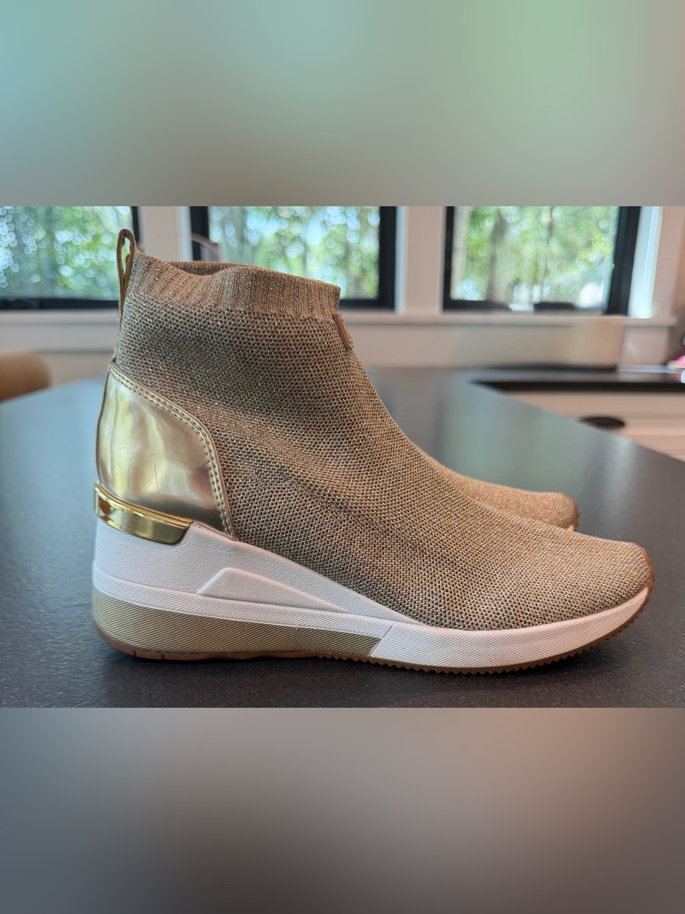 Michael Kors Skyler Knit Wedge Sneakers Metallic Gold Sock Booties 7.5 - Picture 5 of 8